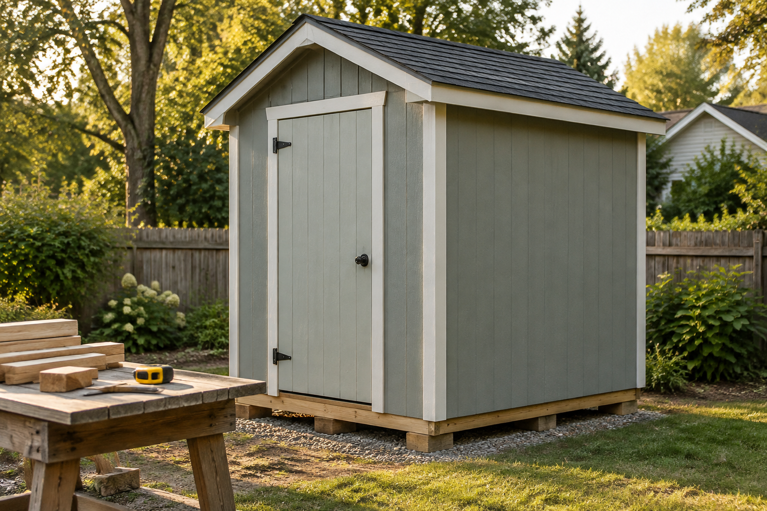 Compact DIY 8x10 shed with painted panel siding, a simple shingle roof, and a single wood door beside a workbench.