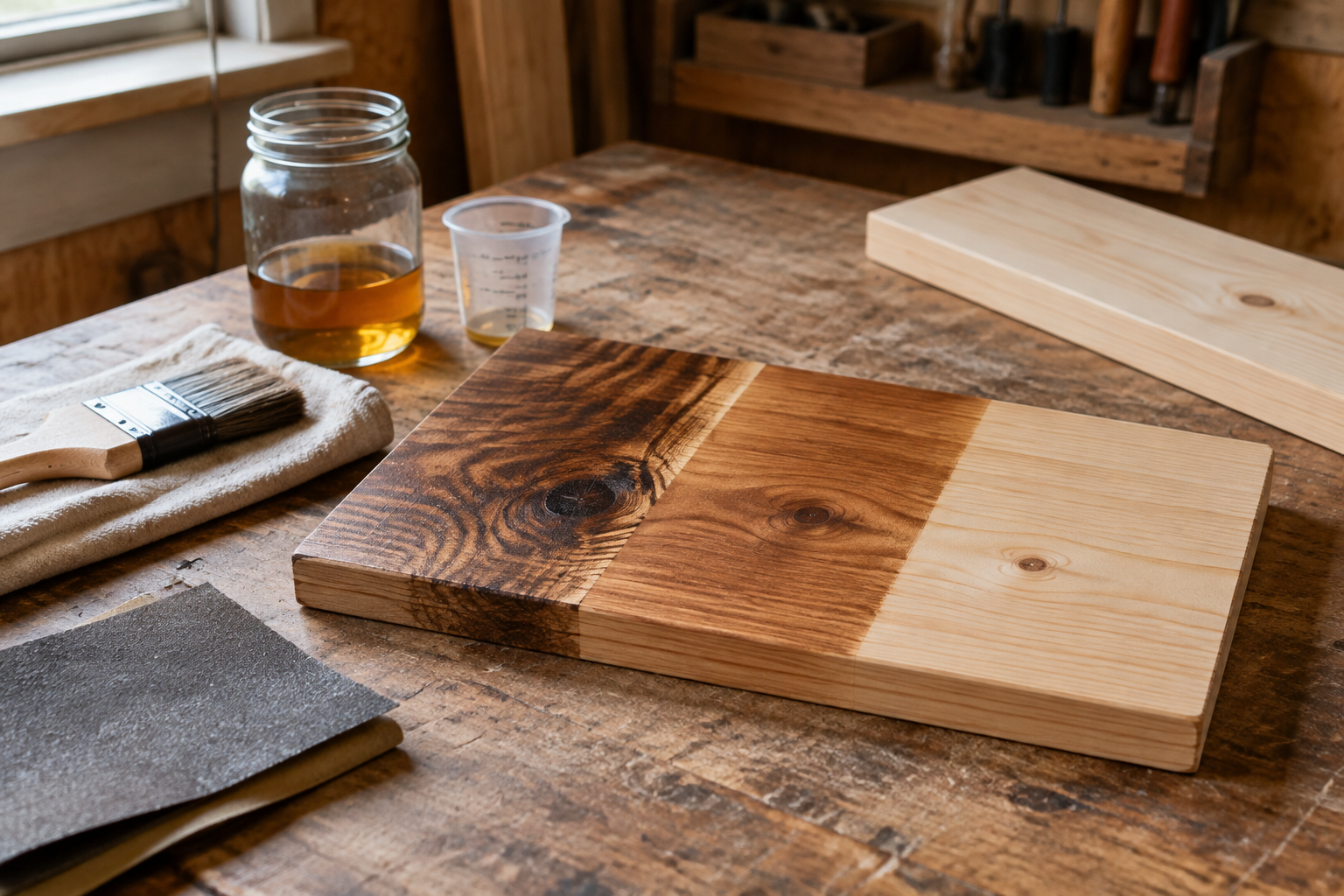 Pine stain test board comparing blotchy bare-wood staining with more even color over thin shellac washcoats.