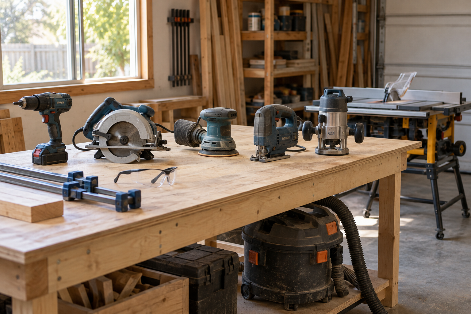 Seven beginner woodworking power tools arranged around a garage workbench, including a shop vacuum and guarded portable table saw.
