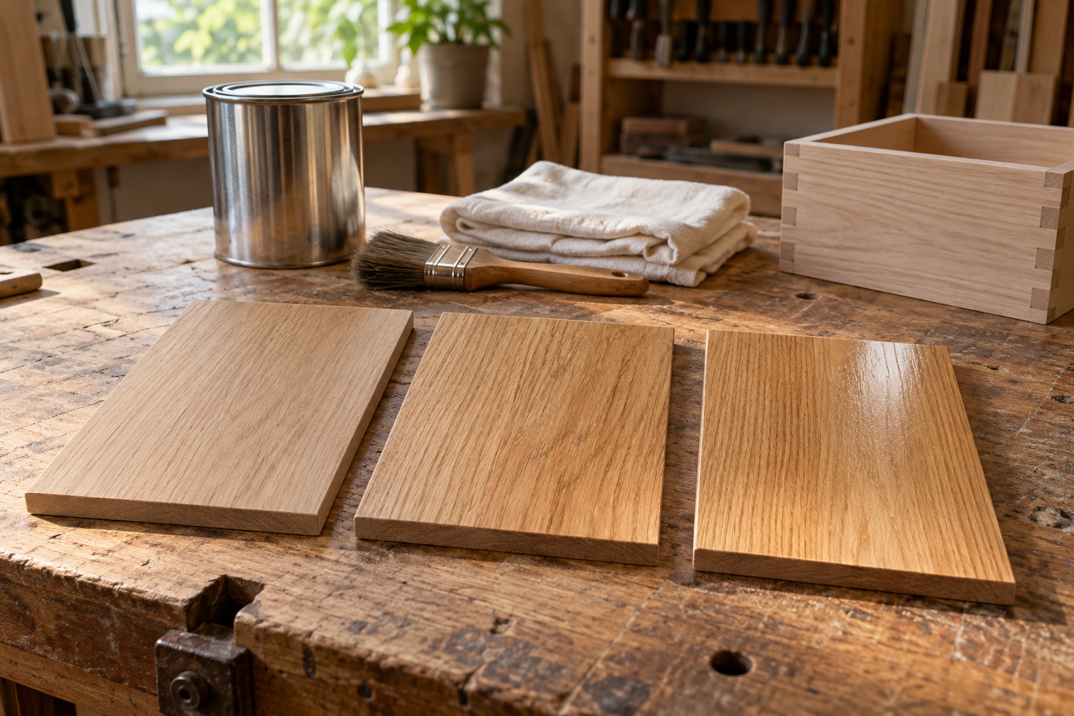Oak finish samples showing oil, wax, and satin polyurethane beside a brush and small wooden box on a workshop bench.
