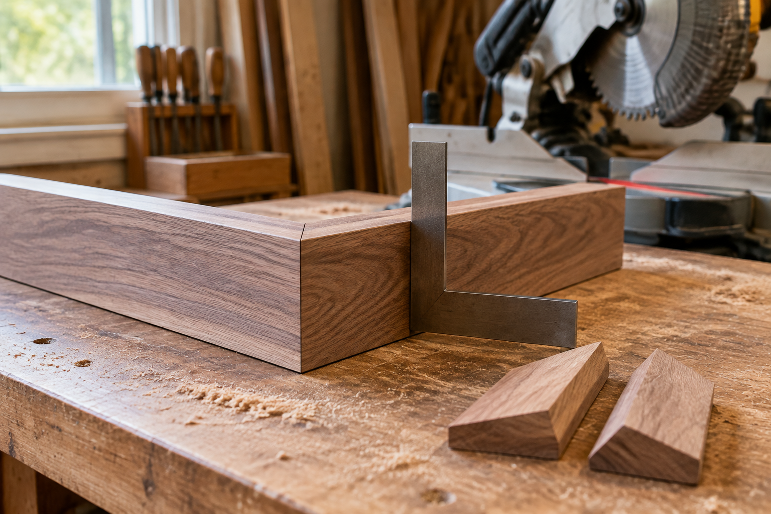 Hardwood frame rails forming a tight miter corner, checked with a square on a workbench near a miter saw.