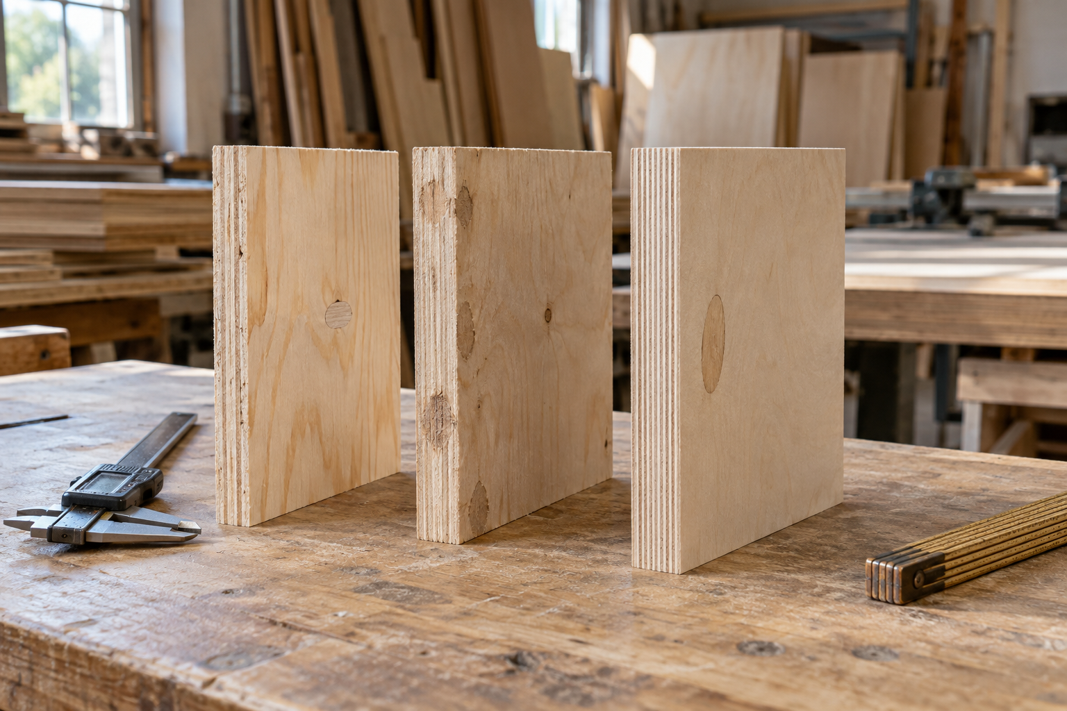 Softwood plywood and Baltic birch samples showing differences in face repairs and exposed core layers on a workbench.