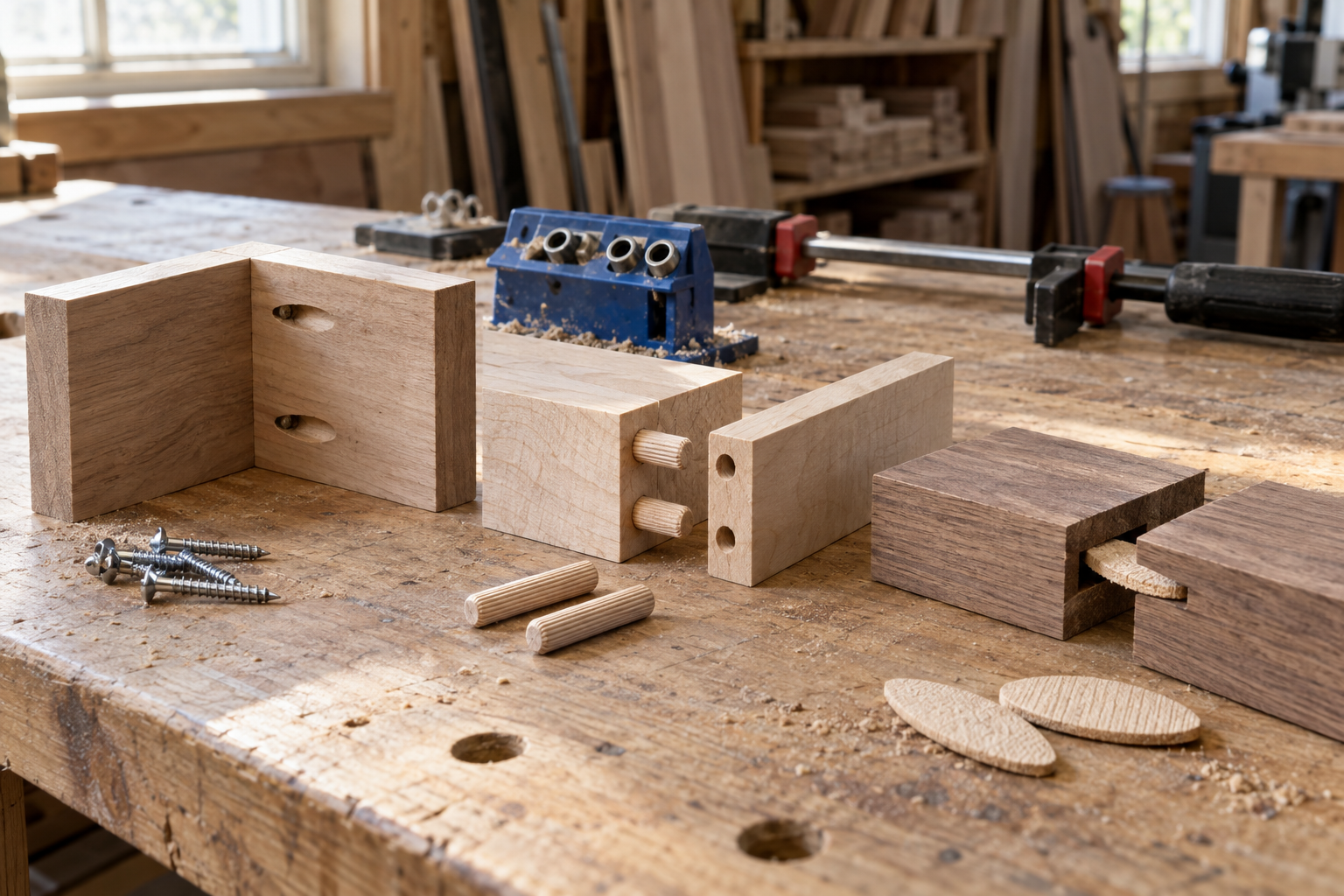 Pocket-hole, dowel, and biscuit joint samples on a woodworking bench with matching screws, dowels, and biscuits.