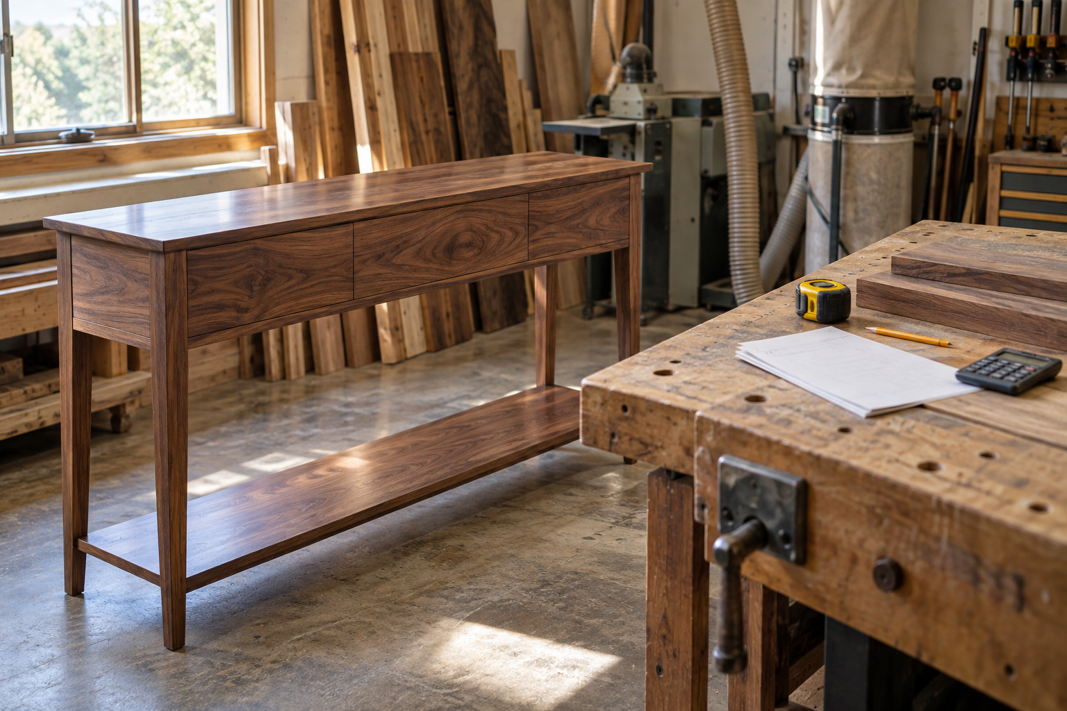 Handmade walnut console table beside lumber, measuring tools, and estimating supplies in a woodworking shop.