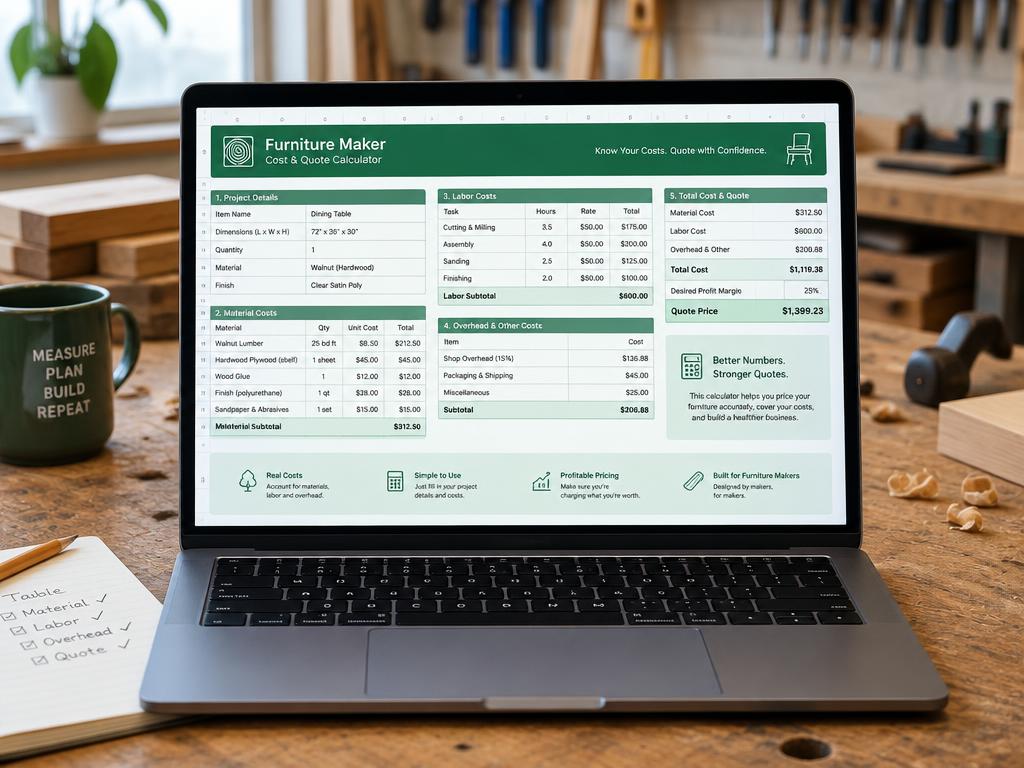 Mockup of Furniture Maker Pricing & Quote Spreadsheet